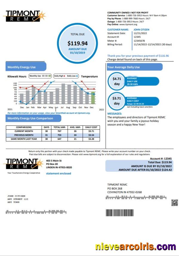 USA Indiana Tipmont utility bill